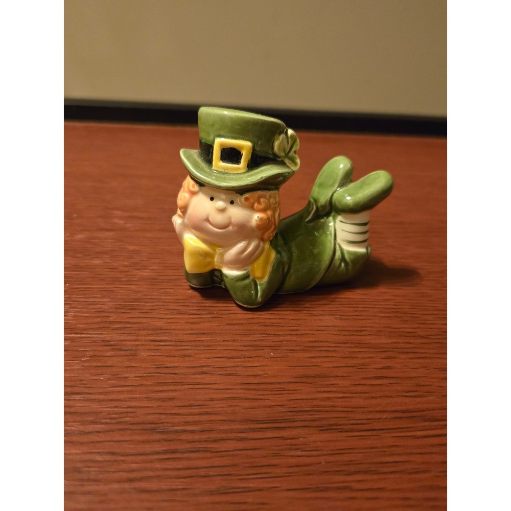 Vintage Ceramic Leprechaun Figurine St Patricks Day Decor Green Shamrock Hat